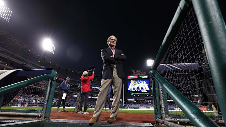 Oct 31, 2022; Philadelphia, PA, USA; Philadelphia Phillies owner John Middleton looks on before game three of the 2022 World Series against the Houston Astros at Citizens Bank Park. Mandatory Credit: Bill Streicher-Imagn Images