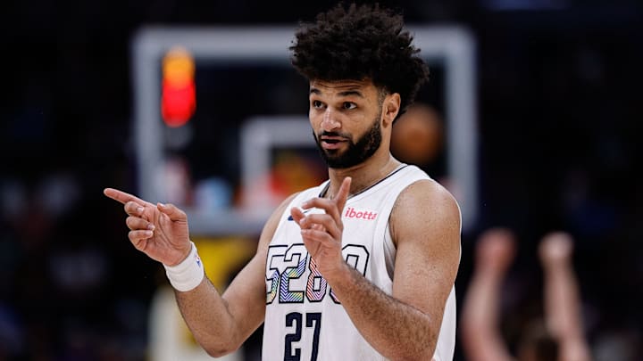Mar 26, 2025; Denver, Colorado, USA; Denver Nuggets guard Jamal Murray (27) gestures in the third quarter against the Milwaukee Bucks at Ball Arena. Mandatory Credit: Isaiah J. Downing-Imagn Images Mar 26, 2025; Denver, Colorado, USA; Denver Nuggets guard Jamal Murray (27) gestures in the third quarter against the Milwaukee Bucks at Ball Arena. Mandatory Credit: Isaiah J. Downing-Imagn Images
