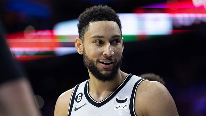 Brooklyn Nets guard Ben Simmons (10) smiles in the direction of fans during the fourth quarter against the Philadelphia 76ers at Wells Fargo Center. Brooklyn Nets guard Ben Simmons (10) smiles in the direction of fans during the fourth quarter against the Philadelphia 76ers at Wells Fargo Center.
