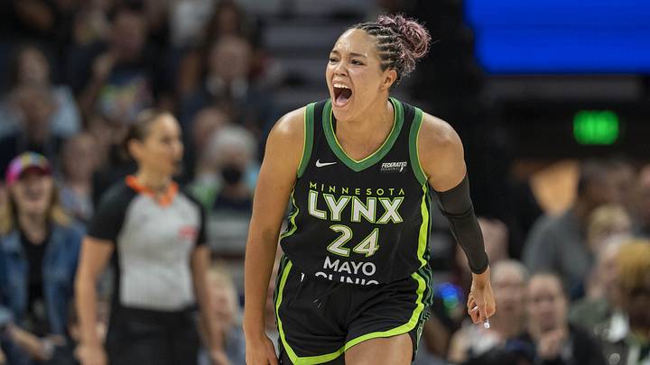 Sep 14, 2025; Minneapolis, Minnesota, USA; Minnesota Lynx forward Napheesa Collier (24) celebrates making a shot against the Golden State Valkyries in the second half during game one of round one for the 2025 WNBA Playoffs at Target Center. Mandatory Credit: Jesse Johnson-Imagn Images Sep 14, 2025; Minneapolis, Minnesota, USA; Minnesota Lynx forward Napheesa Collier (24) celebrates making a shot against the Golden State Valkyries in the second half during game one of round one for the 2025 WNBA Playoffs at Target Center. Mandatory Credit: Jesse Johnson-Imagn Images