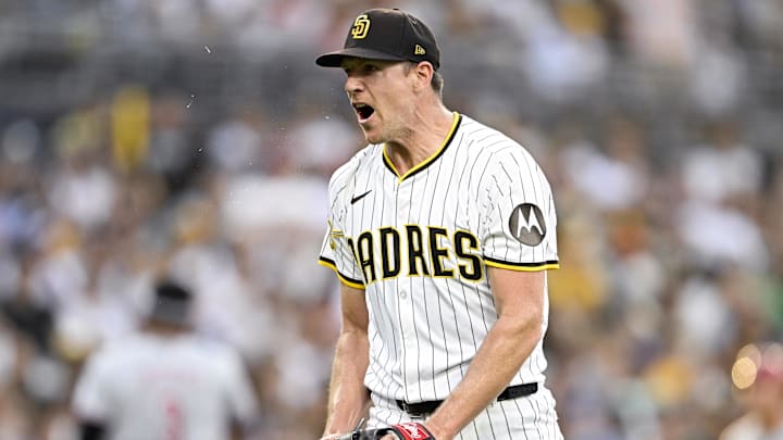 Sep 10, 2025; San Diego, California, USA; San Diego Padres starting pitcher Nick Pivetta (27) reacts after a strike out during the third inning against the Cincinnati Reds at Petco Park. Mandatory Credit: Denis Poroy-Imagn Images