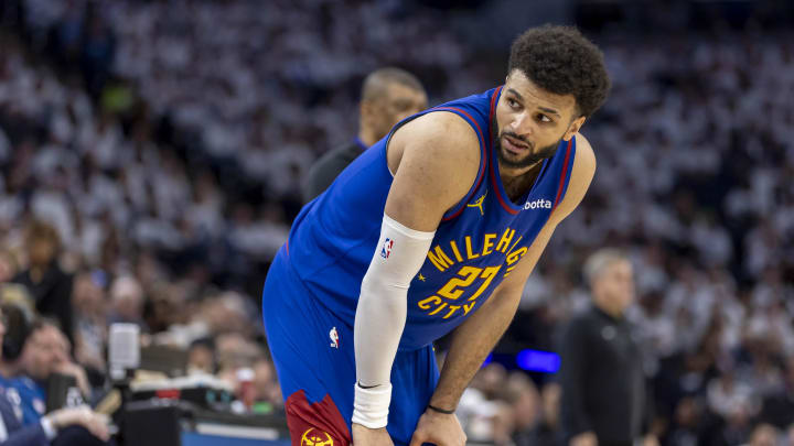 May 10, 2024; Minneapolis, Minnesota, USA; Denver Nuggets guard Jamal Murray (27) looks on against the Minnesota Timberwolves in the second half during game three of the second round for the 2024 NBA playoffs at Target Center. Mandatory Credit: Jesse Johnson-USA TODAY Sports