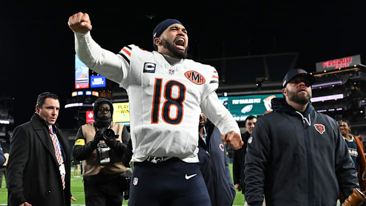 Nov 28, 2025; Philadelphia, Pennsylvania, USA; Chicago Bears quarterback Caleb Williams (18) celebrates after the game against the Philadelphia Eagles at Lincoln Financial Field. Mandatory Credit: Eric Hartline-Imagn Images Nov 28, 2025; Philadelphia, Pennsylvania, USA; Chicago Bears quarterback Caleb Williams (18) celebrates after the game against the Philadelphia Eagles at Lincoln Financial Field. Mandatory Credit: Eric Hartline-Imagn Images