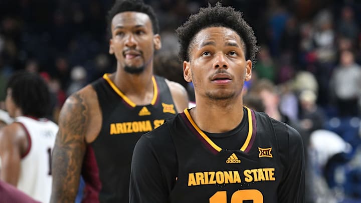 Nov 10, 2024; Spokane, Washington, USA; Arizona State Sun Devils guard BJ Freeman (10) walks off the court after a game against the Gonzaga Bulldogs at McCarthey Athletic Center. Gonzaga Bulldogs won 88-80. Mandatory Credit: James Snook-Imagn Images