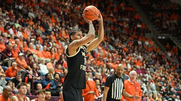Feb 21, 2026; Blacksburg, Virginia, USA;  Wake Forest Demon Deacons forward Marqus Marion (11) shoots a shot against the Virginia Tech Hokies during the first half at Cassell Coliseum. Mandatory Credit: Brian Bishop-Imagn Images