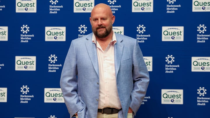 Apr 25, 2025; East Rutherford, NJ, US; New York Giants head coach Brian Daboll prior to the start of the press conference to introduce first round draft picks Abdul Carter and Jaxson Dart (not shown).  Mandatory Credit: Thomas Salus-Imagn Images