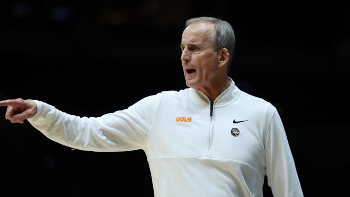 Mar 30, 2025; Indianapolis, IN, USA; Tennessee Volunteers head coach Rick Barnes reacts in the second half during the Midwest Regional final of the 2025 NCAA tournament at Lucas Oil Stadium. Mandatory Credit: Trevor Ruszkowski-Imagn Images