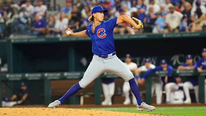 Mar 30, 2024; Arlington, Texas, USA; Chicago Cubs relief pitcher Ben Brown (32) throws during the seventh inning against the Texas Rangers at Globe Life Field.