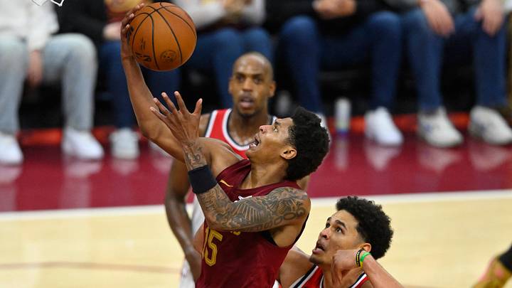 Oct 28, 2026; Cleveland, Ohio, USA; Cleveland Cavaliers guard Meleek Thomas (15) drives to the basket beside Washington Wizards forward Kyshawn George (18) in the fourth quarter at Rocket Arena. Mandatory Credit: David Richard-Imagn Images Oct 28, 2026; Cleveland, Ohio, USA; Cleveland Cavaliers guard Meleek Thomas (15) drives to the basket beside Washington Wizards forward Kyshawn George (18) in the fourth quarter at Rocket Arena. Mandatory Credit: David Richard-Imagn Images