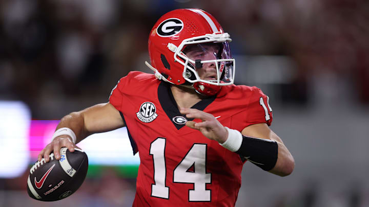 Sep 27, 2025; Athens, Georgia, USA; Georgia Bulldogs quarterback Gunner Stockton (14) passes against the Alabama Crimson Tide in the first half at Sanford Stadium. Mandatory Credit: Brett Davis-Imagn Images Sep 27, 2025; Athens, Georgia, USA; Georgia Bulldogs quarterback Gunner Stockton (14) passes against the Alabama Crimson Tide in the first half at Sanford Stadium. Mandatory Credit: Brett Davis-Imagn Images