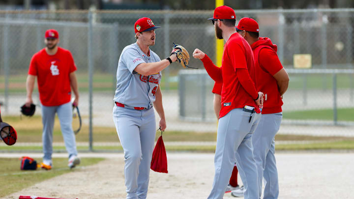Feb 14, 2026; Jupiter, FL, USA; St. Louis Cardinals pitcher Justin Bruihl (47) celebrates during a spring training workout at Roger Dean Chevrolet Stadium. Mandatory Credit: Sam Navarro-Imagn Images