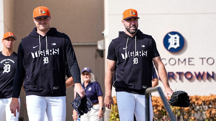 Detroit Tigers pitcher Tarik Skubal, left, and pitcher Justin Verlander walks toward practice field during spring training at TigerTown in Lakeland, Fla. on Thursday, Feb. 12, 2026. Detroit Tigers pitcher Tarik Skubal, left, and pitcher Justin Verlander walks toward practice field during spring training at TigerTown in Lakeland, Fla. on Thursday, Feb. 12, 2026.