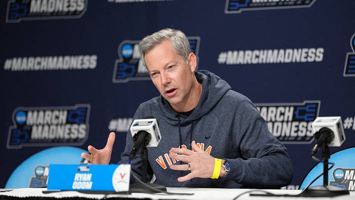 Mar 19, 2026; Philadelphia, PA, USA; Virginia Cavaliers head coach Ryan Odom conducts a press conference during a practice session ahead of the first round of the men's 2026 NCAA Tournament at Xfinity Mobile Arena. Mandatory Credit: Kyle Ross-Imagn Images