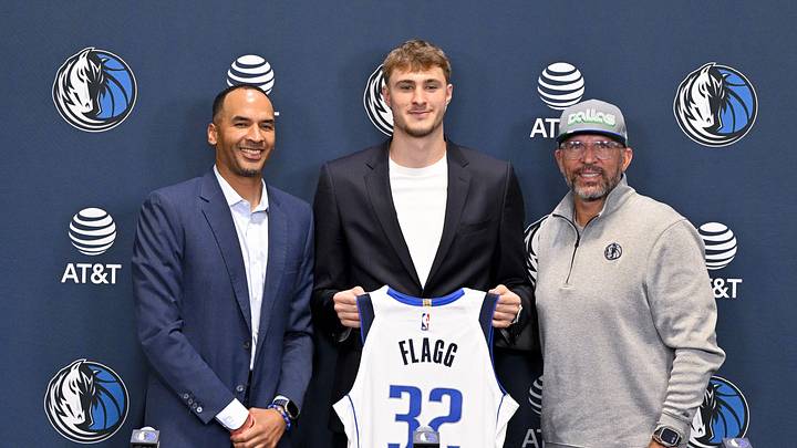 Jun 27, 2025; Dallas, TX, USA; (from left) Dallas Mavericks general manager Nico Harrison and Mavericks first overall pick Cooper Flagg and head coach Jason Kidd pose for a photo at the Dallas Mavericks Practice Facility. Mandatory Credit: Jerome Miron-Imagn Images