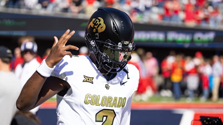 Oct 19, 2024; Tucson, Arizona, USA; Colorado Buffalos quarterback Shedeur Sanders (2) reacts against the Arizona Wildcats at Arizona Stadium. Mandatory Credit: Mark J. Rebilas-Imagn Images