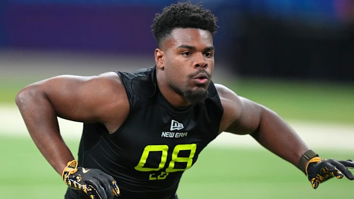 Feb 27, 2025; Indianapolis, IN, USA; Iowa linebacker Jay Higgins (LB08) participates in drills during the 2025 NFL Combine at Lucas Oil Stadium. Mandatory Credit: Kirby Lee-Imagn Images