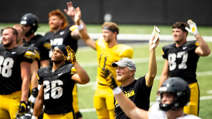 Aug 9, 2025; Iowa head coach Kirk Ferentz waves to patients in the Stead Family Children’s Hospital during the Hawkeyes Kids Day NCAA football open practice at Kinnick Stadium in Iowa City, Iowa. Mandatory Credit: Joseph Cress for the Des Moines Register