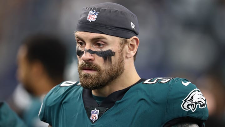 Dec 9, 2018; Arlington, TX, USA; Philadelphia Eagles defensive end Chris Long (56) on the sidelines during the game against the Dallas Cowboys at AT&T Stadium. Mandatory Credit: Matthew Emmons-Imagn Images
