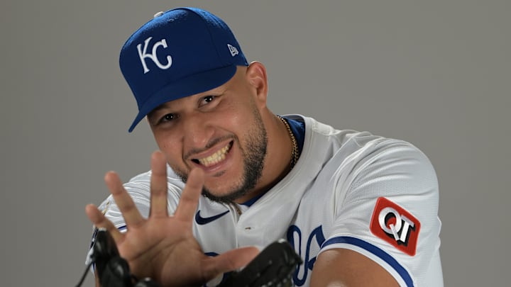 Feb 19, 2025; Surprise, AZ, USA; Kansas City Royals relief pitcher Carlos Estevez (53) poses for a photo during media day. Mandatory Credit: Jayne Kamin-Oncea-Imagn Images  