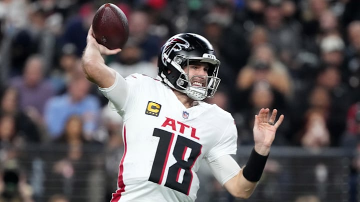 Dec 16, 2024; Paradise, Nevada, USA; Atlanta Falcons quarterback Kirk Cousins (18) throws the ball against the Las Vegas Raiders in the first half at Allegiant Stadium. Mandatory Credit: Kirby Lee-Imagn Images
