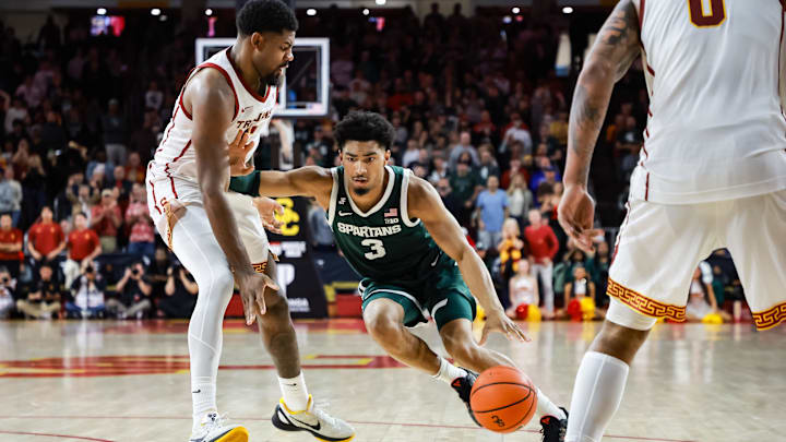 Feb 1, 2025; Los Angeles, California, USA;  Michigan State Spartans guard Jaden Akins (3) dribbles the ball against the Michigan State Spartans during the second half at Galen Center. Mandatory Credit: William Navarro-Imagn Images