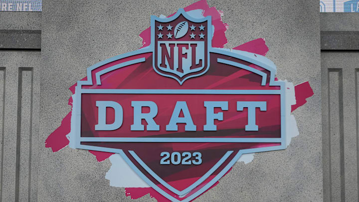 The 2023 NFL Draft logo on the main stage at Union Station.