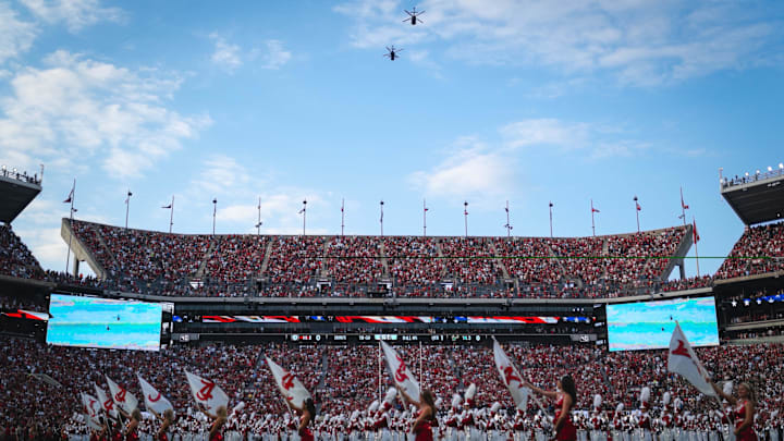 Sep 7, 2024; Tuscaloosa, Alabama, USA;  Helicopters fly over Saban Field just before the Alabama Crimson Tide faces off against the South Florida Bulls at Bryant-Denny Stadium. Mandatory Credit: William McLelland-Imagn Images