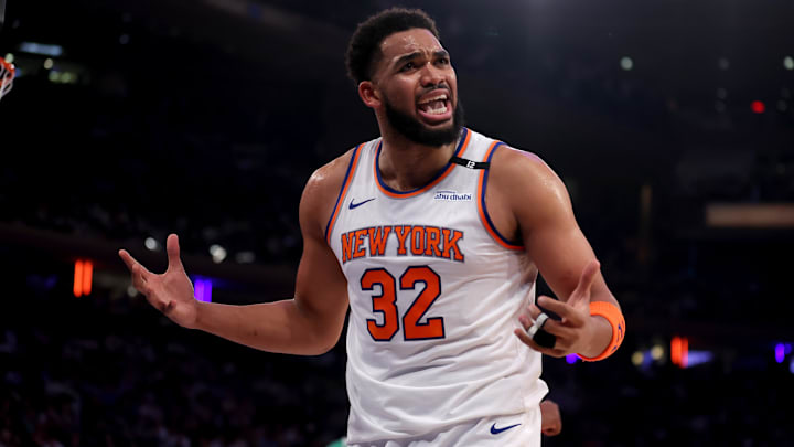 May 16, 2025; New York, New York, USA; New York Knicks center Karl-Anthony Towns (32) reacts during the first quarter of game six in the second round of the 2025 NBA Playoffs against the Boston Celtics at Madison Square Garden. Mandatory Credit: Brad Penner-Imagn Images May 16, 2025; New York, New York, USA; New York Knicks center Karl-Anthony Towns (32) reacts during the first quarter of game six in the second round of the 2025 NBA Playoffs against the Boston Celtics at Madison Square Garden. Mandatory Credit: Brad Penner-Imagn Images