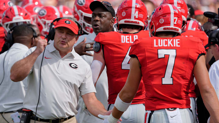 Georgia coach Kirby Smart celebrates with his team after a touchdown during the first half of a NCAA college football game against Marshall in Athens, Ga., on Saturday, August. 30, 2025. Georgia coach Kirby Smart celebrates with his team after a touchdown during the first half of a NCAA college football game against Marshall in Athens, Ga., on Saturday, August. 30, 2025.