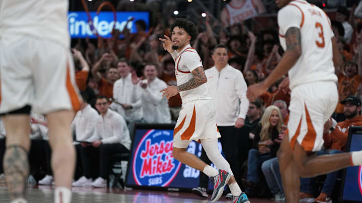 Texas Longhorns guard Jordan Pope (0) celebrates a three point basket during the first half against the Oklahoma Sooners at Moody Center. 