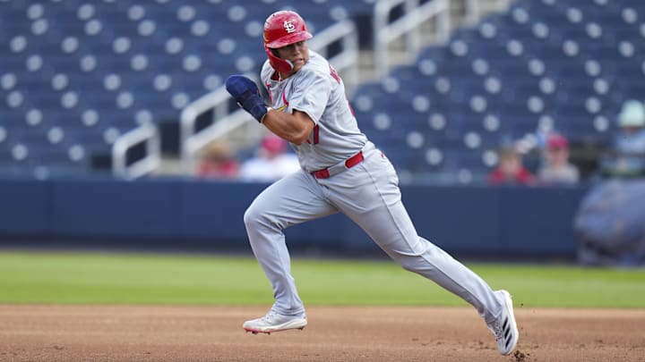 Mar 5, 2025; West Palm Beach, Florida, USA; St. Louis Cardinals left feilder JJ Wetherholt (87) runs to second base against the Houston Astros during the second inning at CACTI Park of the Palm Beaches. Mandatory Credit: Rich Storry-Imagn Images