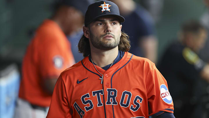 Houston Astros starting pitcher Lance McCullers Jr. (43) walks in the dugout before the game against the Texas Rangers at Daikin Park. 