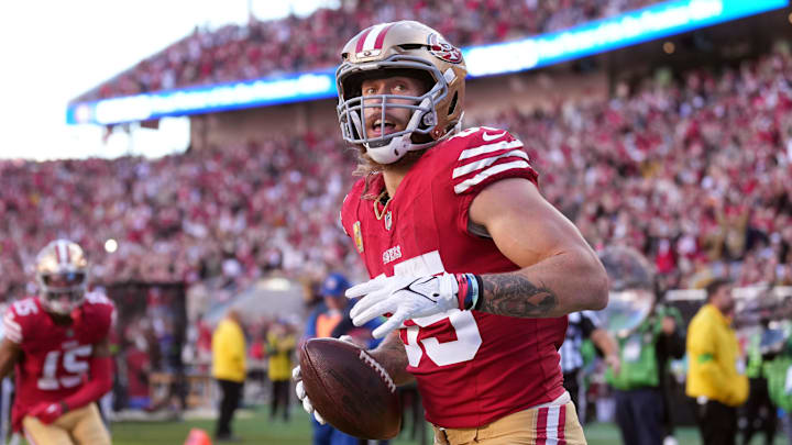 Nov 19, 2023; Santa Clara, California, USA; San Francisco 49ers tight end George Kittle (85) reacts