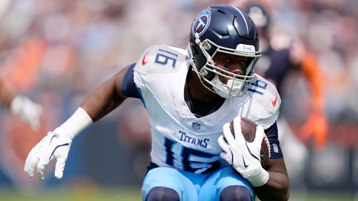Tennessee Titans wide receiver Treylon Burks (16) runs against the Chicago Bears during the third quarter at Soldier Field in Chicago, Ill., Sunday, Sept. 8, 2024.