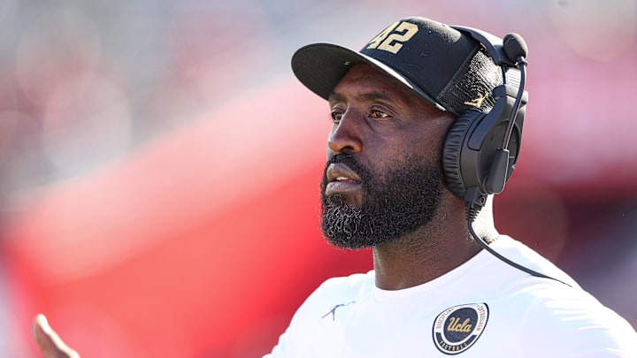 Oct 19, 2024; Piscataway, New Jersey, USA; UCLA Bruins head coach DeShaun Foster reacts during the second half against the Rutgers Scarlet Knights at SHI Stadium. Mandatory Credit: Vincent Carchietta-Imagn Images