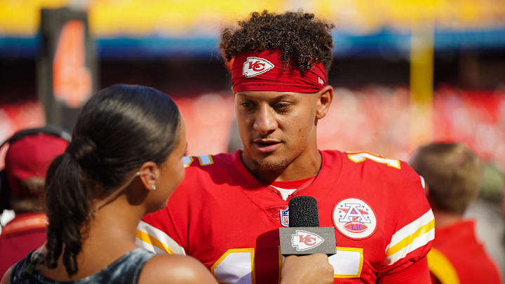 Aug 20, 2022; Kansas City, Missouri, USA; Kansas City Chiefs quarterback Patrick Mahomes (15) talks with media during the second half against the Washington Commanders at GEHA Field at Arrowhead Stadium. Mandatory Credit: Jay Biggerstaff-Imagn Images