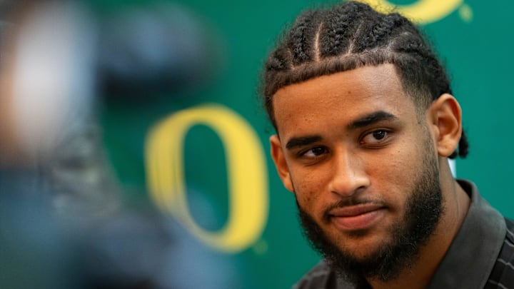 Oregon quarterback Dante Moore speaks with reporters during Oregon football’s Media Day on July 28, 2025, at Autzen Stadium in Eugene.
