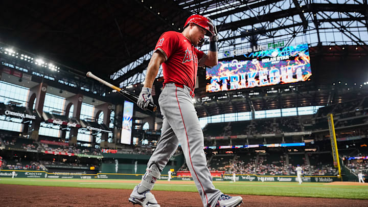 Apr 16, 2025; Arlington, Texas, USA; Los Angeles Angels center fielder Mike Trout (27) walks to the on deck circle during the first inning against the Texas Rangers at Globe Life Field. Mandatory Credit: Raymond Carlin III-Imagn Images