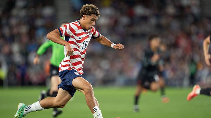 Oct 6, 2026; St. Paul, Minnesota, USA; United States forward Julian Hall (19) in action against Canada Oct 6, 2026; St. Paul, Minnesota, USA; United States forward Julian Hall (19) in action against Canada
