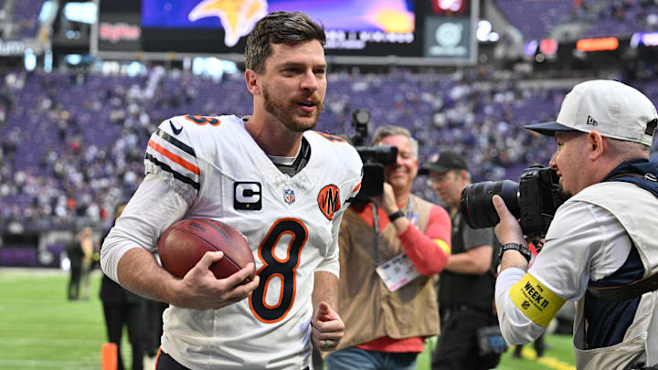 Nov 16, 2025; Minneapolis, Minnesota, USA; Chicago Bears kicker Cairo Santos (8) reacts after kicking a game-winning field goal against the Minnesota Vikings at U.S. Bank Stadium.