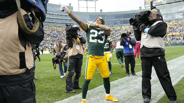 Oct 13, 2024; Green Bay, Wisconsin, USA; Green Bay Packers cornerback Jaire Alexander (23) celebrates following the game against the Arizona Cardinals at Lambeau Field. Mandatory Credit: Jeff Hanisch-Imagn Images Oct 13, 2024; Green Bay, Wisconsin, USA; Green Bay Packers cornerback Jaire Alexander (23) celebrates following the game against the Arizona Cardinals at Lambeau Field. Mandatory Credit: Jeff Hanisch-Imagn Images