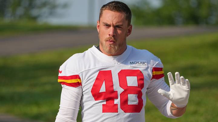 Jul 22, 2024; St. Joseph, MO, USA; Kansas City Chiefs linebacker Cole Christiansen (48) walks down the hill from the locker room to the fields prior to training camp at Missouri Western State University. Mandatory Credit: Denny Medley-USA TODAY Sports Jul 22, 2024; St. Joseph, MO, USA; Kansas City Chiefs linebacker Cole Christiansen (48) walks down the hill from the locker room to the fields prior to training camp at Missouri Western State University. Mandatory Credit: Denny Medley-USA TODAY Sports