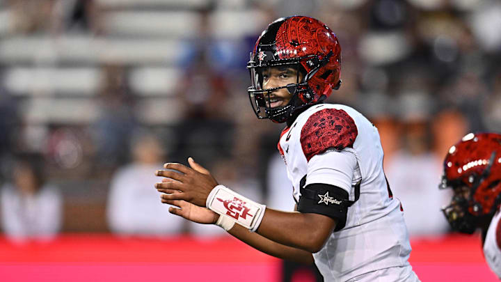 Sep 6, 2025; Pullman, Washington, USA; San Diego State Aztecs quarterback Jayden Denegal (4).