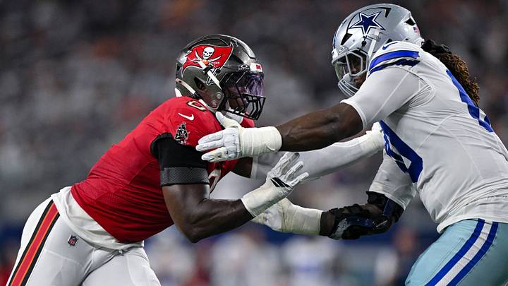 Tampa Bay Buccaneers linebacker Yaya Diaby (0) rushes the line against Dallas Cowboys offensive tackle Tyler Guyton (60) during the game between the Cowboys and the Buccaneers at AT&T Stadium. Mandatory Credit: Jerome Miron-Imagn Images Tampa Bay Buccaneers linebacker Yaya Diaby (0) rushes the line against Dallas Cowboys offensive tackle Tyler Guyton (60) during the game between the Cowboys and the Buccaneers at AT&T Stadium. Mandatory Credit: Jerome Miron-Imagn Images