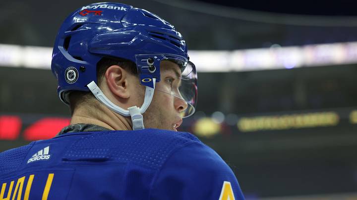 Apr 1, 2021; Buffalo, New York, USA;  Buffalo Sabres left wing Taylor Hall (4) during a stoppage in play against the New York Rangers during the first period at KeyBank Center. Mandatory Credit: Timothy T. Ludwig-Imagn Images