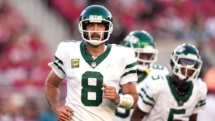 Sep 9, 2024; Santa Clara, California, USA; New York Jets quarterback Aaron Rodgers (8) during the second quarter against the San Francisco 49ers at Levi's Stadium. Mandatory Credit: Darren Yamashita-Imagn Images Sep 9, 2024; Santa Clara, California, USA; New York Jets quarterback Aaron Rodgers (8) during the second quarter against the San Francisco 49ers at Levi's Stadium. Mandatory Credit: Darren Yamashita-Imagn Images