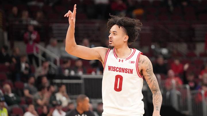 Mar 12, 2026; Chicago, IL, USA; Wisconsin Badgers guard Braeden Carrington (0) celebrates his three point basket against the Washington Huskies during the second half at United Center. Mandatory Credit: David Banks-Imagn Images