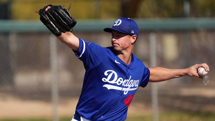 Feb 15, 2024; Glendale, AZ, USA; Los Angeles Dodgers Stephen Gonsalves (46) performs a drill during a Spring Training workout at Camelback Ranch. Mandatory Credit: Joe Camporeale-USA TODAY Sports Feb 15, 2024; Glendale, AZ, USA; Los Angeles Dodgers Stephen Gonsalves (46) performs a drill during a Spring Training workout at Camelback Ranch. Mandatory Credit: Joe Camporeale-USA TODAY Sports