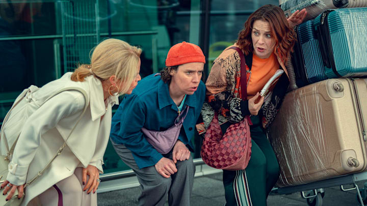 (L to R) Sinead Keenan as Robyn, Caoilfhionn Dunne as Dara, Roisin Gallagher as Saoirse in How to Get to Heaven from Belfast