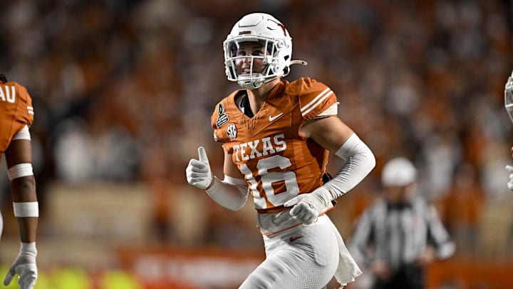 Dec 21, 2024; Austin, Texas, USA; Texas Longhorns defensive back Michael Taaffe (16) in action during the game between the Texas Longhorns and the Clemson Tigers in the CFP National Playoff First Round at Darrell K Royal-Texas Memorial Stadium. Mandatory Credit: Jerome Miron-Imagn Images